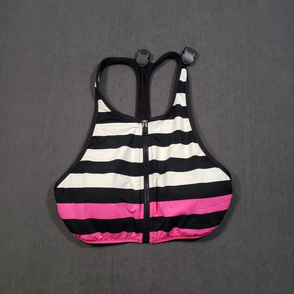 Polo‎ Ralph Lauren Swim Bikini Top Womens S Black White Pink Striped Zip Front